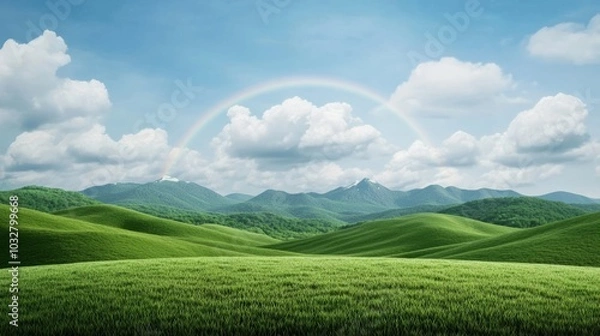 Fototapeta Irish countryside with rolling green hills and a rainbow leading to a pot of gold, capturing the magic and folklore of St Patrick’s Day 
