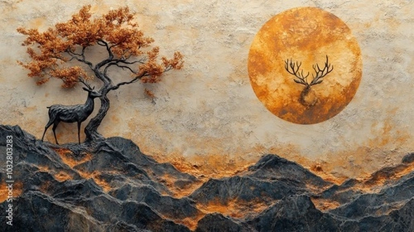 Fototapeta A serene landscape featuring a deer, a stylized tree, and a sun against textured mountains.