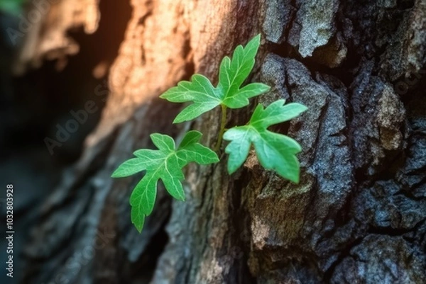 Fototapeta New plant sprouting from tree stump in sunlight