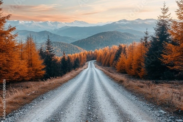 Fototapeta A winding gravel road through a mountain forest with fall foliage and snow-capped peaks in the distance