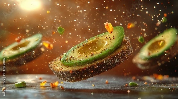 Fototapeta Delicious Avocado Toast Floating in Air with Sparkling Reflection on Gradient Background - Minimalist 16K Hyperdetailed Food Photography in Natural Lighting