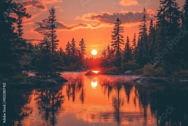 Obraz Silhouetted Trees Reflecting in a Calm Lake at Sunset