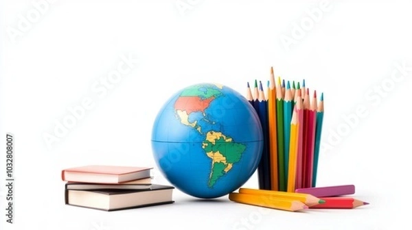 Fototapeta Isolated globe surrounded by school supplies like pencils, books, and rulers, on a white background, symbolizing global access to education 