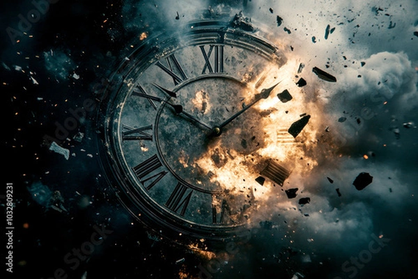 Obraz Exploding Clock Symbolizing Passage of Time