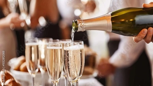 Fototapeta A woman pours champagne into a glass. Waiters serve sparkling white wine. A bottle of champagne is shown up close. This image represents catering services.