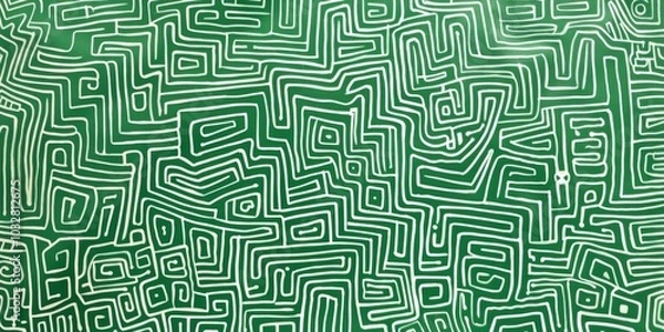 Fototapeta Intricate green and white pattern featuring simple line drawings of maze-like shapes filled with various patterns. The design showcases doodle art style against a plain green background.