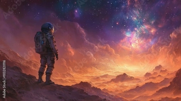 Fototapeta Space explorer standing on a distant planet looking up at a nebula-filled sky. 