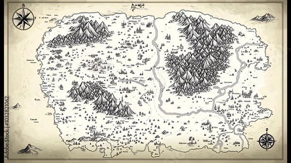 Fototapeta Hand-drawn black and white map of a fictional world with mountains, forests, rivers, and a compass.