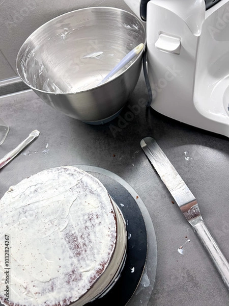 Fototapeta Pastry, baking and cooking concept - woman making cake in kitchen at home. Process of making custom cake without cake
