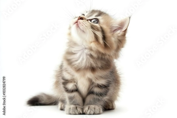 Fototapeta A fluffy Maine Coon kitten sitting and looking up against a white background.