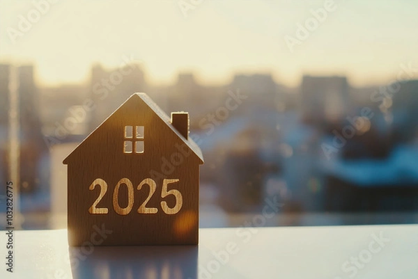 Fototapeta Wooden house model with text 2025 on a table, Real estate new year concept