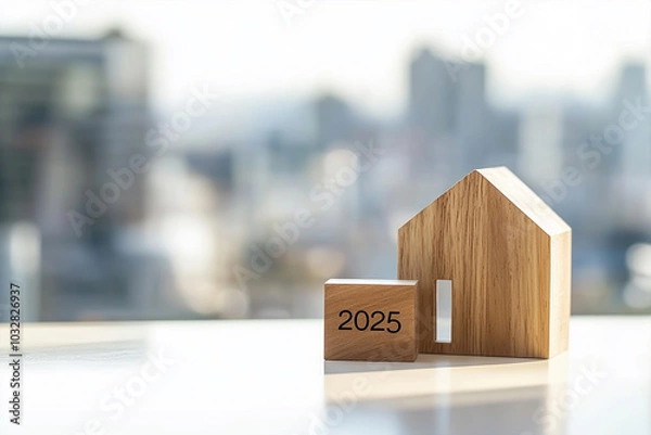 Fototapeta Wooden house model with text 2025 on a table, Real estate new year concept