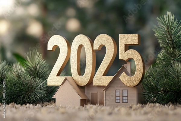 Fototapeta Wooden house model with text 2025 on a table, Real estate new year concept