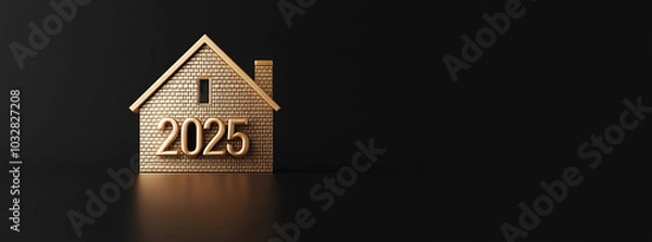 Fototapeta 3d gold number 2025 is next to the house on a dark background. new year real estate concept
