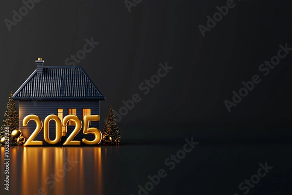 Fototapeta 3d gold number 2025 is next to the house on a dark background. new year real estate concept