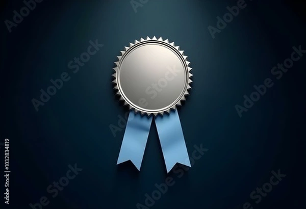 Fototapeta blank silver badge with a blue ribbon isolated on a dark background with a spotlight illuminating the badge create with ai