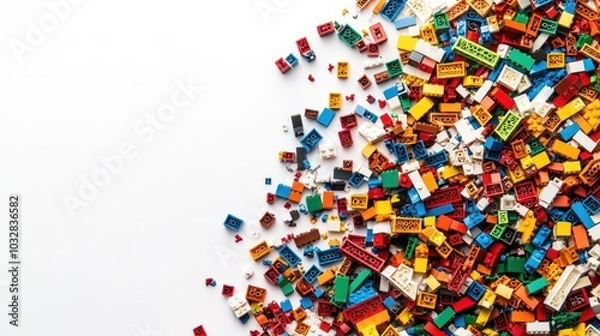 Fototapeta A colorful assortment of building blocks scattered on a white surface, ready for creative play.