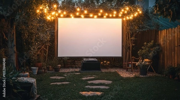 Fototapeta Outdoor movie setup with screen and lights in a cozy garden.