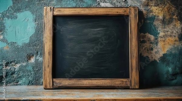 Fototapeta Rustic chalkboard frame on weathered wall, ideal for writing or displaying messages.