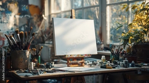 Fototapeta A serene art studio featuring a blank canvas, brushes, and vibrant paints, perfect for inspiring creativity.
