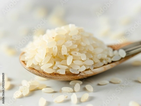 Fototapeta A close-up of a spoonful of Arborio rice on a white background