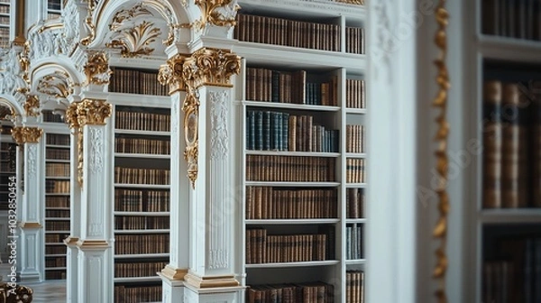 Fototapeta A Breathtaking Glimpse into History: The Majestic Library of Admont Abbey, Showcasing Ornate White and Gold Columns Amongst Its Vast Book Shelves