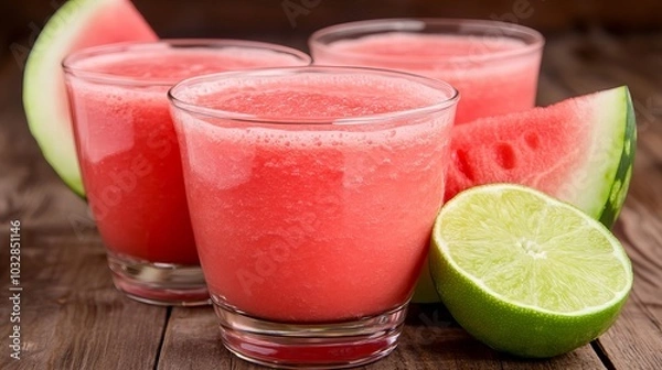 Fototapeta Refreshing watermelon smoothie with a lime wedge.