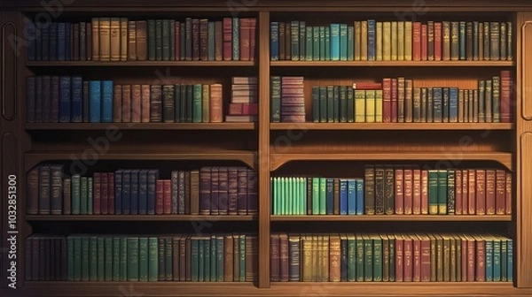 Fototapeta Library Bookshelf with Colorful Spines and Warm Wood: A Neatly Organized Space for Calm Reflection, Perfect for Study and Peaceful Reading Moments