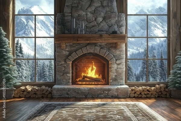 Fototapeta winter cabin ambiance, cozy up by the crackling fireplace in a mountain lodge, with snow-dusted windows for the perfect wintry escape perfect for adding text