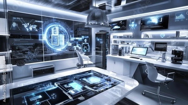 Fototapeta An intelligent home with a variety of heads up displays. A futuristic look at home tech and intelligent technology.