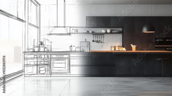 Obraz Modern kitchen design transition from blueprint to reality, black and white sketch with white interior