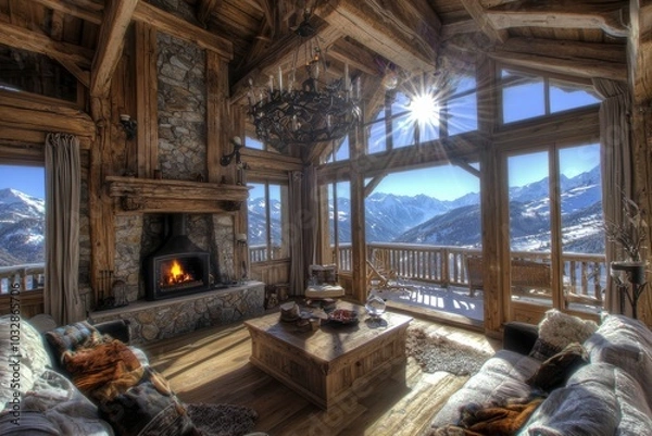 Fototapeta A luxurious chalet with a burning fireplace and stunning views of the snowy mountains