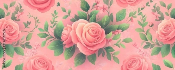 Fototapeta Floral pattern with pink roses and green leaves for romantic design