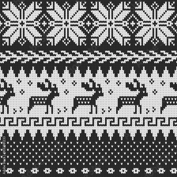 Fototapeta Black & White retro winter holiday knit Vector Pattern. Timeless fair isle knitting texture with reindeer and folk motifs in black and white seamless pattern.