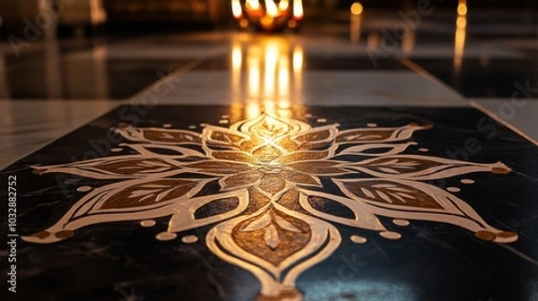 Fototapeta A stunning Alpona design adorns a clean floor surface embodying the spirit of Diwali. The intricate artwork reflects festive joy enhanced by gentle lighting that creates a warm atmosphere