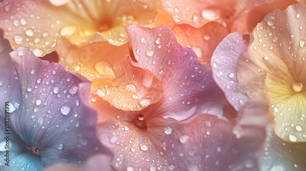 Fototapeta A dreamy close-up of pastel flower petals dotted with tiny dewdrops creating a vibrant and refreshing scene
