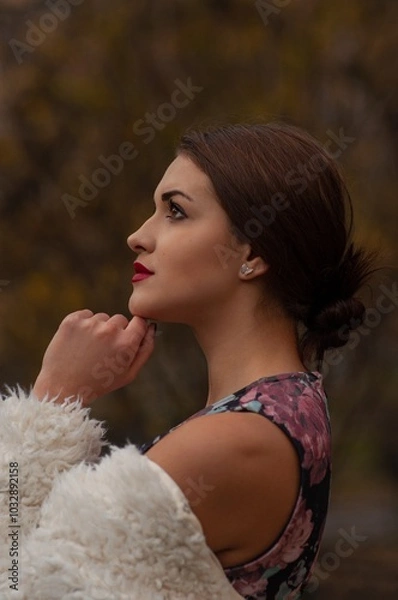 Fototapeta Close up trendy portrait of elegant young woman with big eyes and red lips