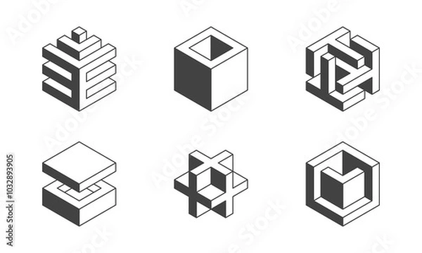 Fototapeta Black and white Cube logo, geometric vector design. Set box logotype company, trendy techno emblem in isometric 3D style.