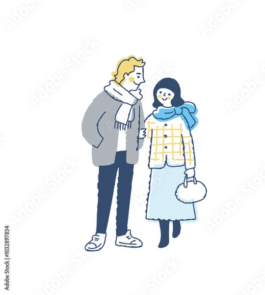 Obraz 並んで歩いている冬服の若いカップル