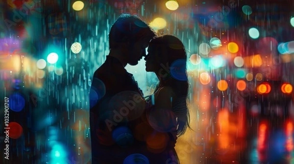 Fototapeta A silhouette of a couple embracing in the rain, with a backdrop of city lights.