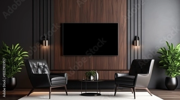 Fototapeta Empty blank tv screen monitor mock-up in meeting business conference office. Modern dark room with digital billboard for text