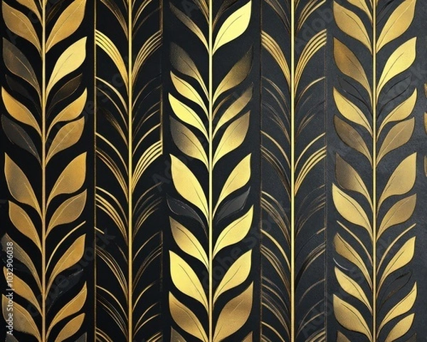 Fototapeta Vector geometric golden art deco background with luxury linear leaves pattern