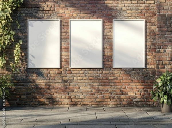 Obraz Three white picture frames are on a brick wall