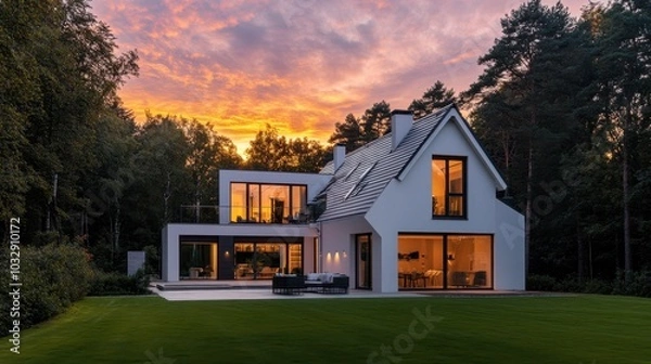 Fototapeta A large white house with a large glass window