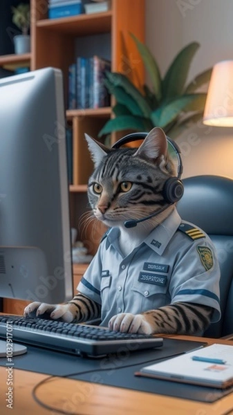 Fototapeta Cat wearing headphones and a uniform, sitting at a desk with computer in office setting