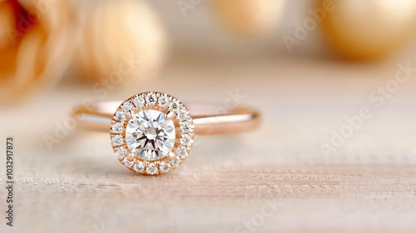Fototapeta Engagement ring with diamond in elegant setting for wedding jewelry display