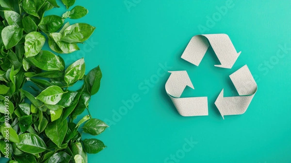 Obraz Sustainable lifestyle scene featuring green leaves and recycling symbol, emphasizing eco friendly practices and environmental awareness.