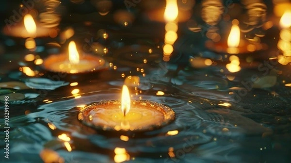 Obraz A Single Candle Floating in a Dark Body of Water
