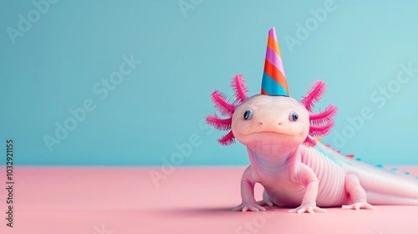 Fototapeta A cute axolotl celebrates a birthday wearing a colorful party hat against a pink and blue background