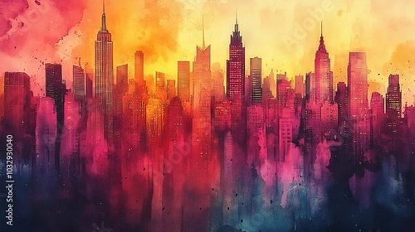 Fototapeta A dynamic city skyline in watercolor, skyscrapers stretching skyward, neon street art vibrant on building walls, capturing the energy of urban creativity
